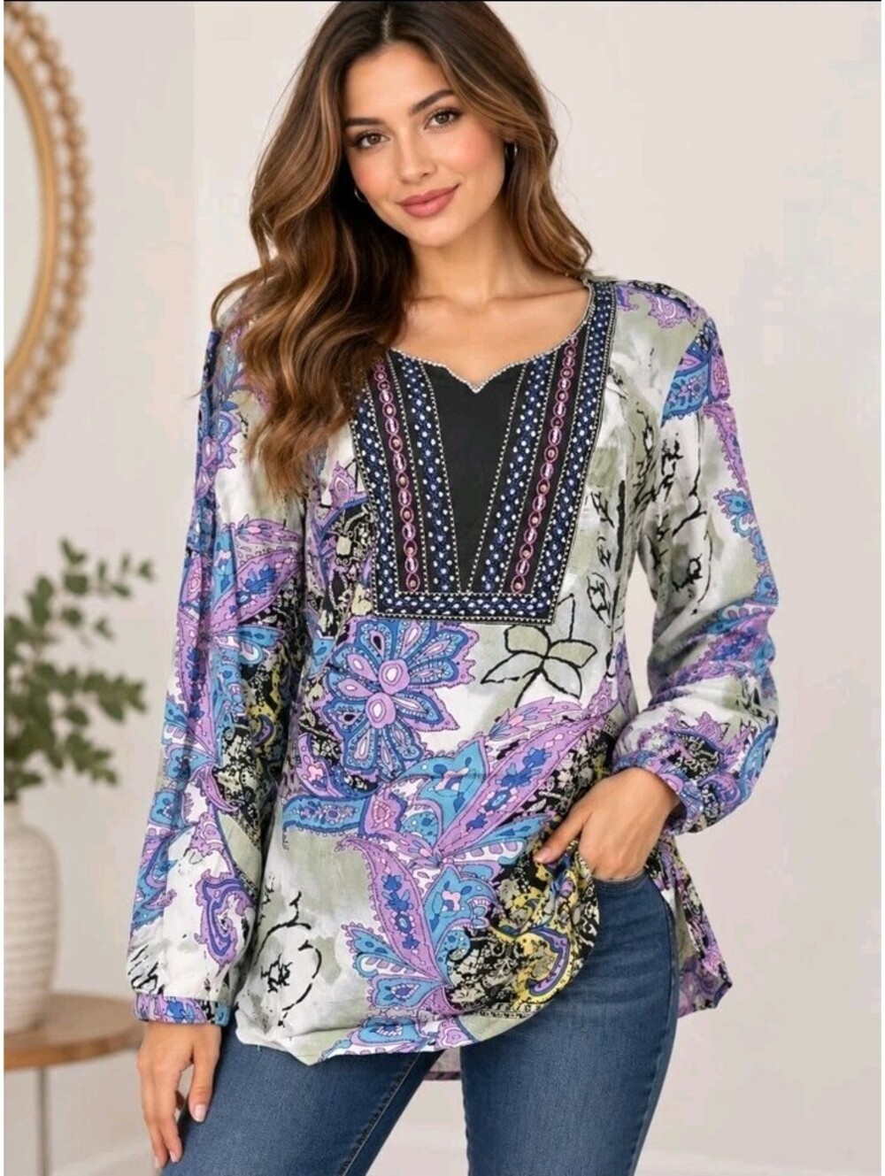 J Peterman Womens Size M Multicolor Beaded Floral Tunic Boho Blouse Luxe NEW #CC